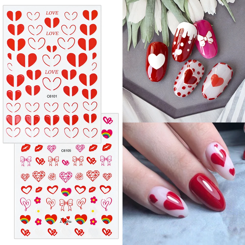 6/4Pcs 3D Valentine's Day Love Heart Nail Sticker Butterfly Bow Strawberry Sliders Adhesive Decals For Nail Art Decoration