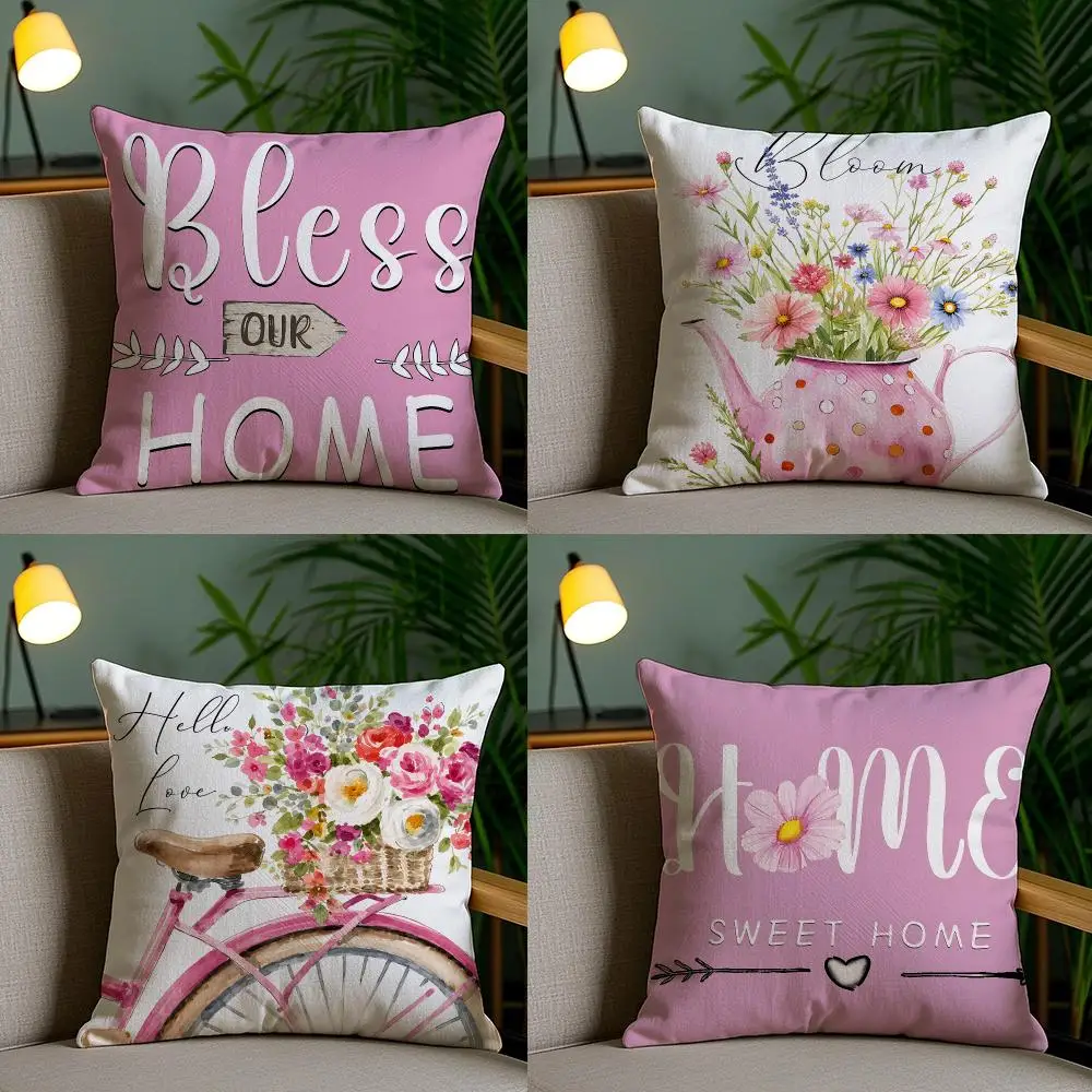 4PC Pastel Bike Floral Home Script Cushion Cover Soft Plush Double-Sided Print Pillow Case Home Decor for Sofa Living Room Gift