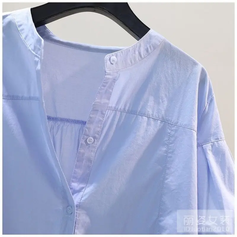 Summer Elegant Fashion Korean Style Retro Women's Shirt Button Loose Solid Color Irregular Folds Stand-up Collar Y2K Chic Tops