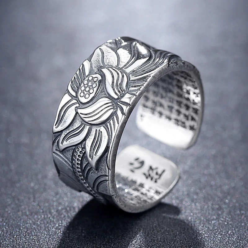 New lotus Ring retro amulet sutra opening rings for male and female halo jewelry gifts