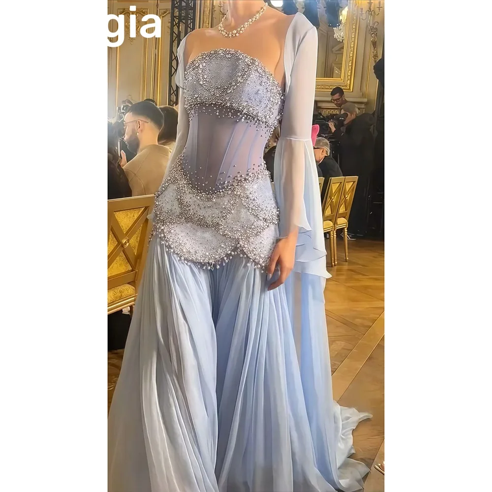 Sukienki wieczorowe damskie w kształcie litery A, bez ramiączek, do ziemi, z koralikami, zapinane na zamek, z długimi rękawami, z falbanami, w kolorze jasnego niebieskiego.