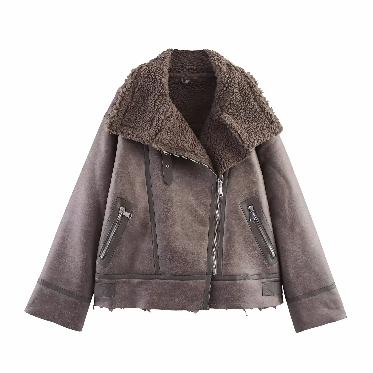 Double-Sided Leather-and-Fur Jaet Stand Collar Zipper Closure Commute Sle Loose Fit Long Sve Regular Length Coat