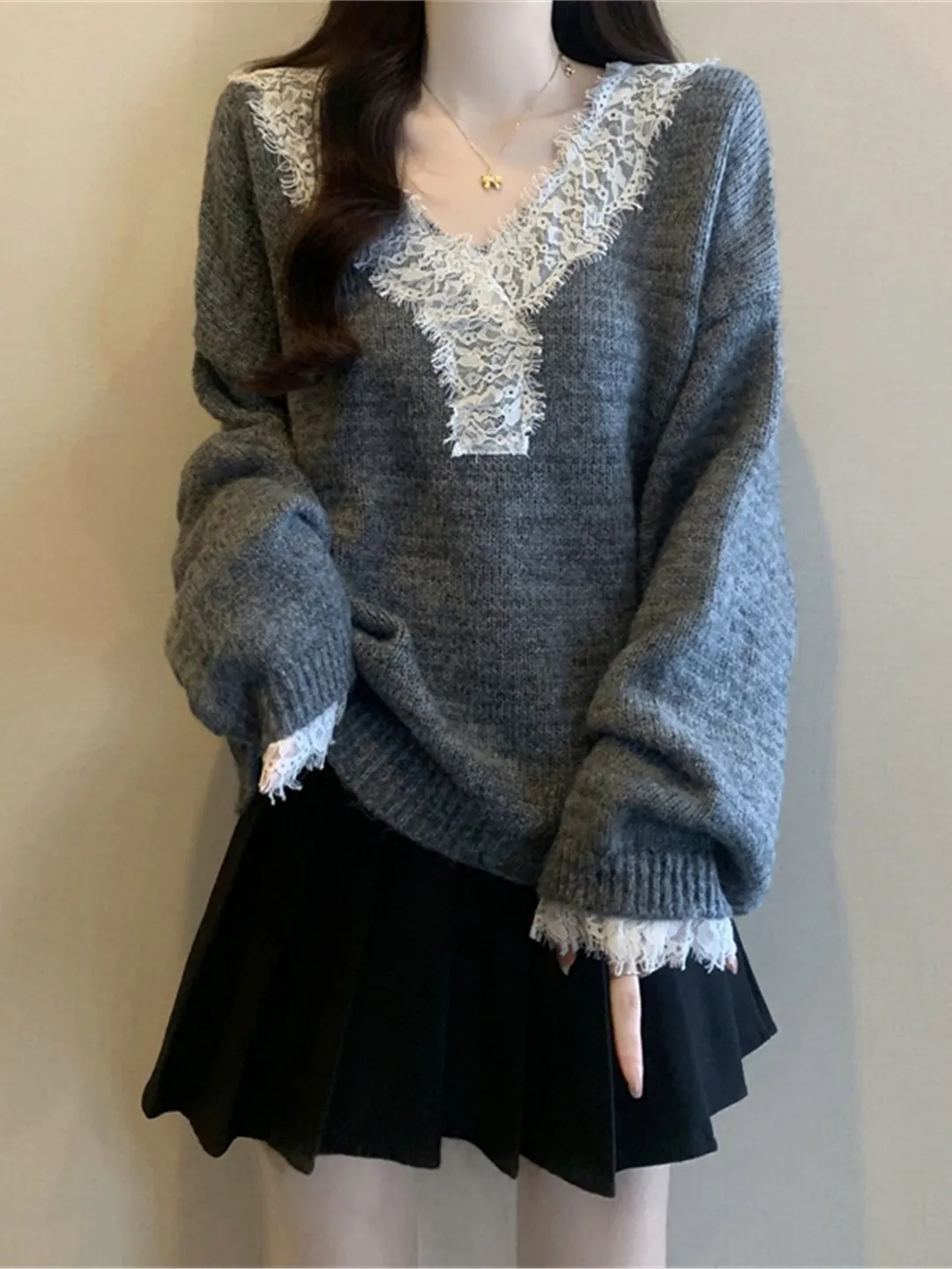 

ay Long Sve V-Ne Knitted Sweater Women's Lace Trim Loose Fit Autumn Faion Casual Sle Age-Defng Top