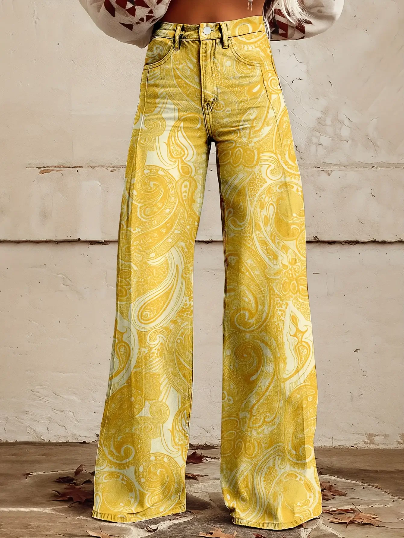 New women's printed exquisite pattern wide leg imitation jeans ,Printed bell bottom pants, multi-color full print