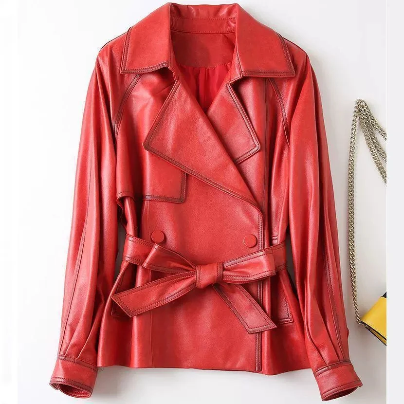 Damen-Jacke aus echtem Leder im britischen Stil, 2025, Herbst, lockere Schnürung, schmale Taille, Ledermäntel, erste Schicht, kurze Schaffelljacke