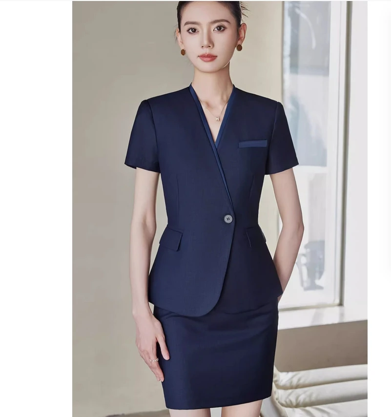 

High end short sleeved suit set for women's summer thin style professional hotel front desk conference reception workwear