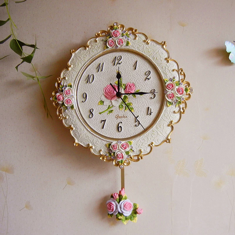 

Luxury Pink Wall Clock Vintage Swing Pendulum Clock Wall Creative Living Room Bedroom Watch Silent Shabby Chic Wall Clocks Resin