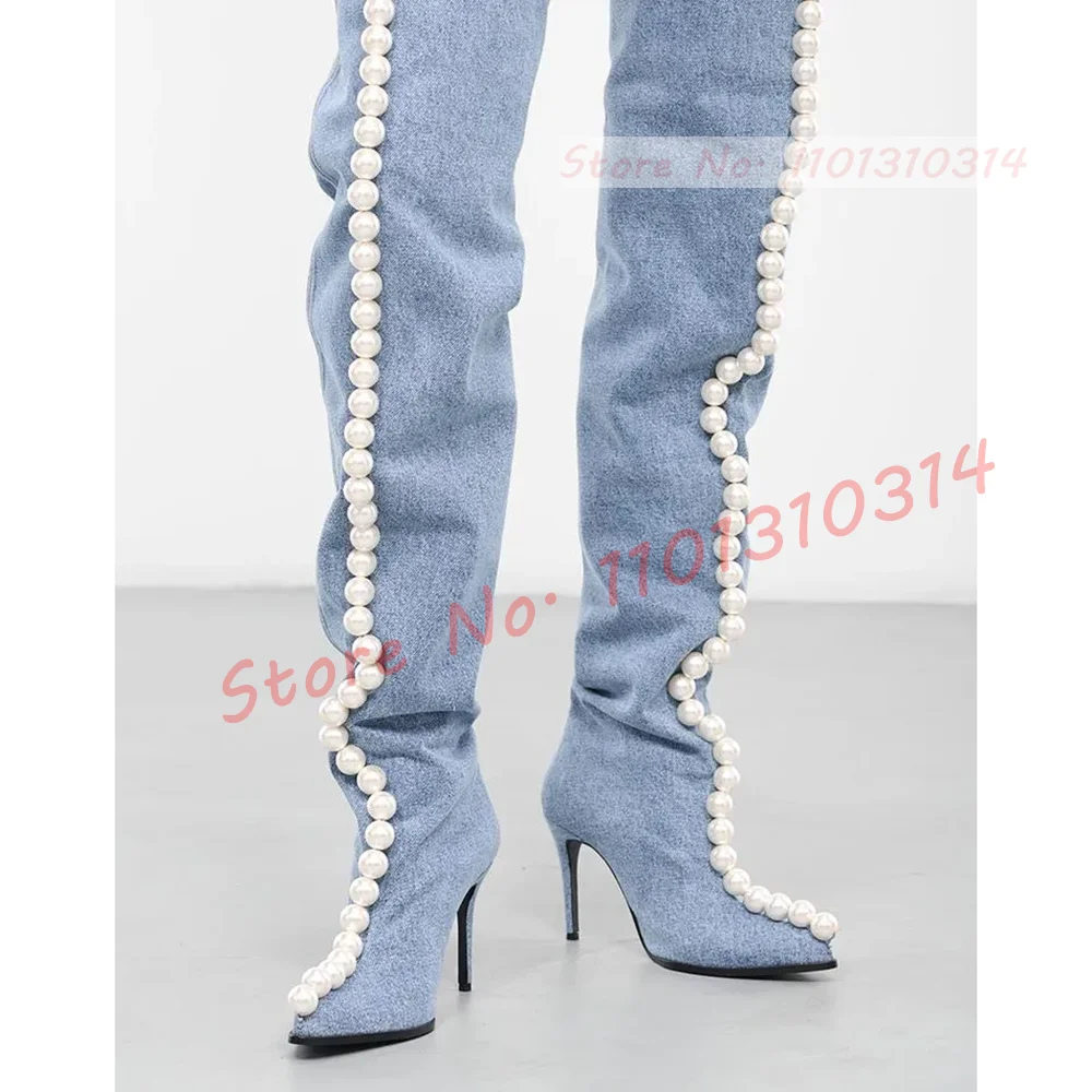 Pearls Pointy Denim Thigh High Boots For Women Elegant Chic Patchwork High Heels Shoes Female Winter New In Design Long Boots