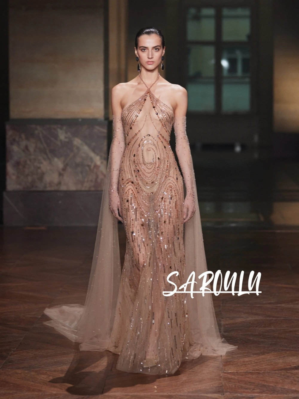 Haute Couture Beaded Sequined Evening Dress Sheer Luxury See Through Formal Sexy Halter Gown Customzied For Red Carpet Events