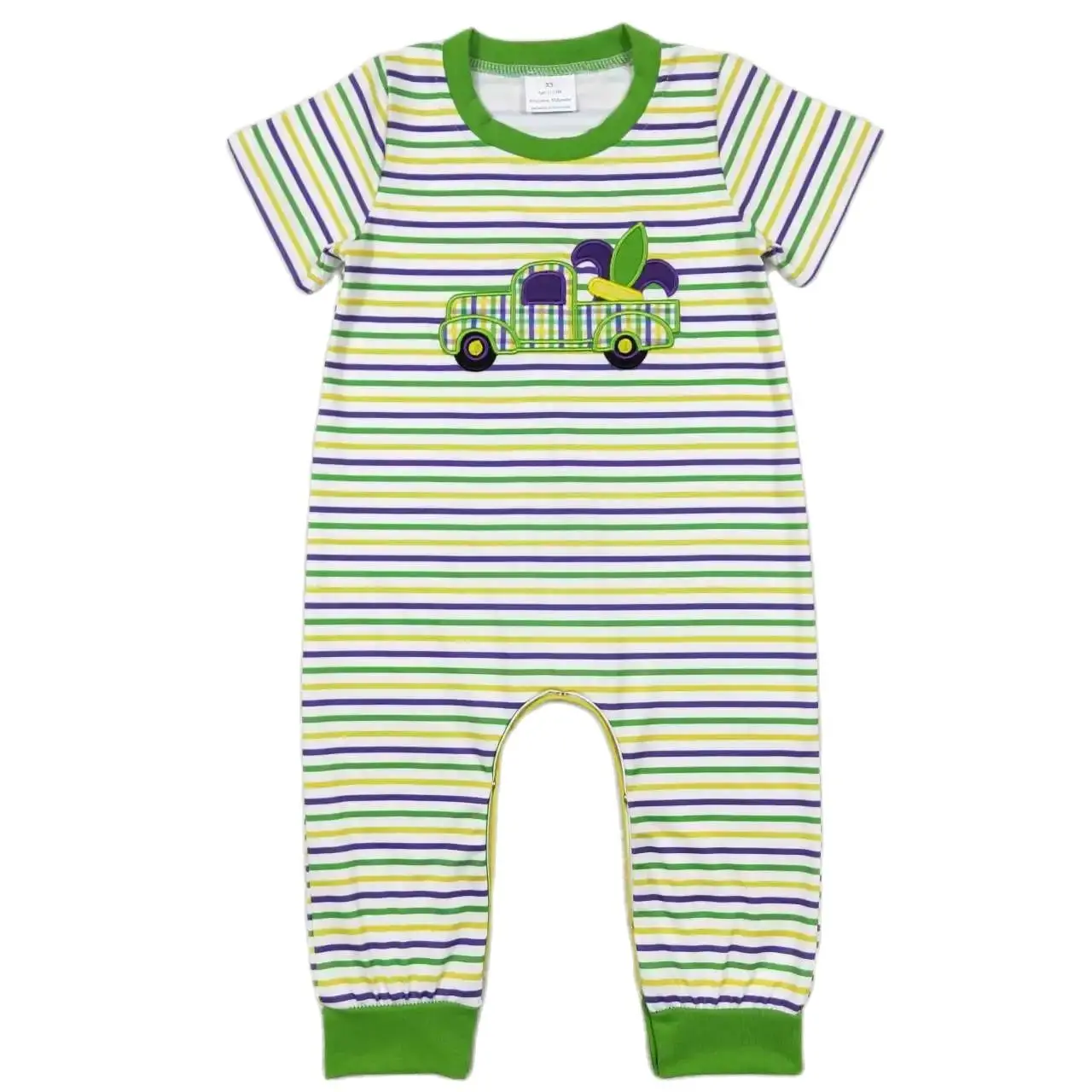 

SR0518 Mardi Gras baby summer short-sleeved jumpsuit car pattern stripe romper round neck and bright colors