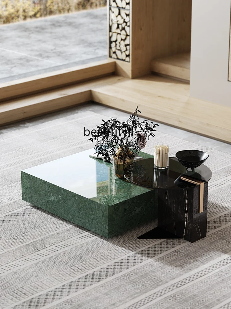 Light Luxury Natural Marble Tea Table Indian Green Brushed Black Steel Modern Living Room Square Tea Table