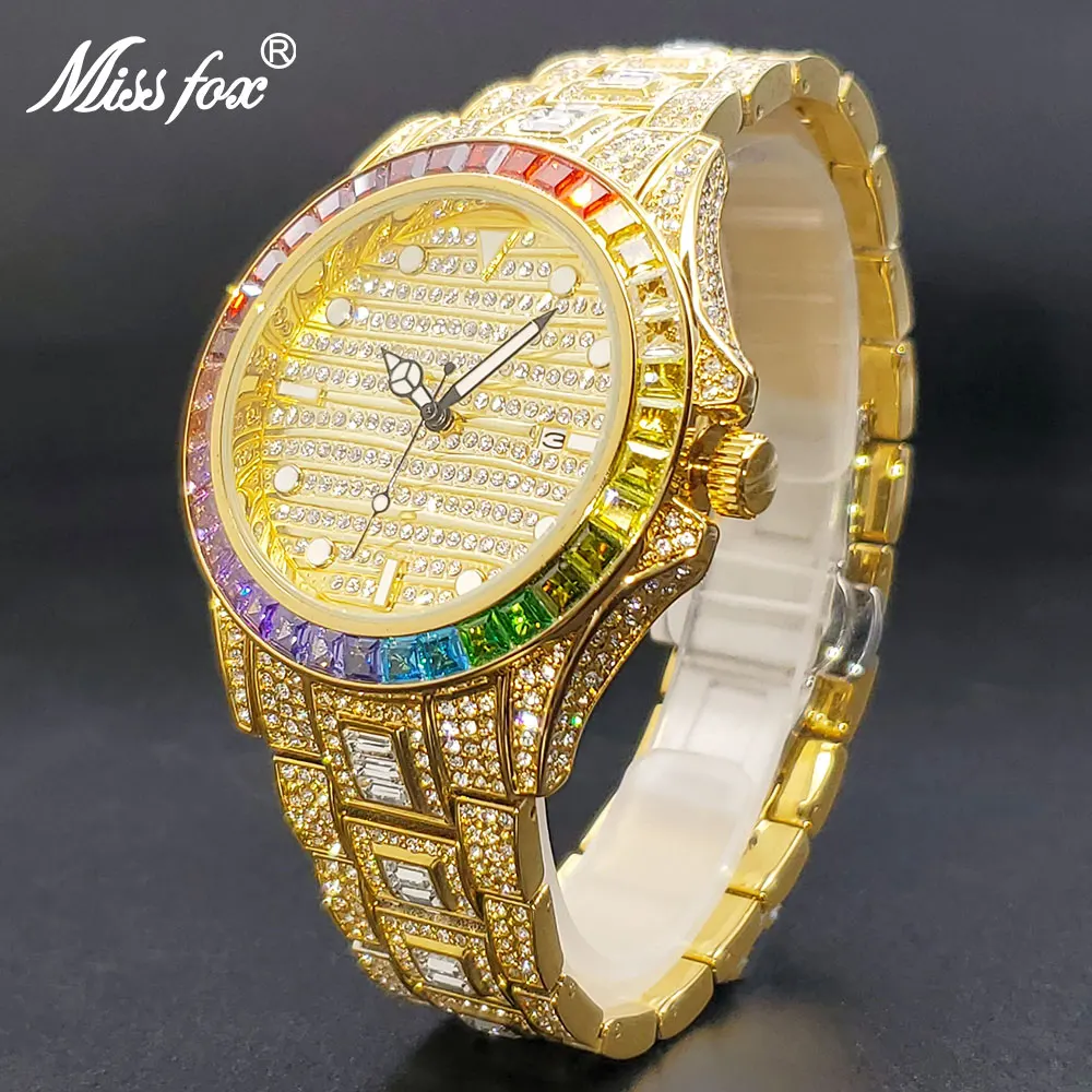 

Man Waterproof Watch Rainbow Diamond Luxury Gold Watches For Men Luminous Waterproof Calendar Hand Clock Gentleman Droshipping