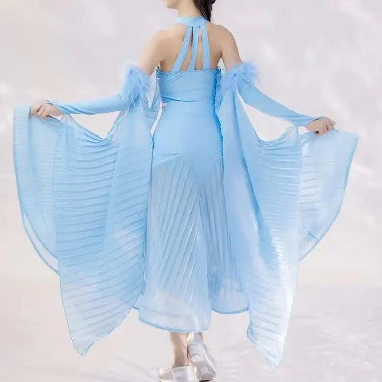 Modern dance Blue Ballroom Dancing Dresses Off-Shoulder Bodysuit Skirt Feather Gloves Waltz Tango Dancing Competition Costume