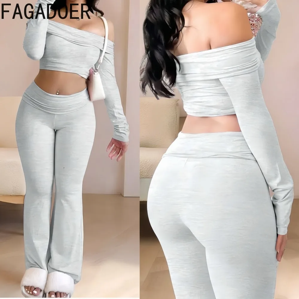 

FAGADOER Sexy Solid Color Woman 2 Piece Set Outfit Off Showlder Backless Crop Top and Pants Matching Female Streetwear 2026 New