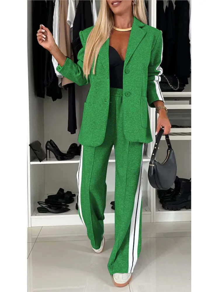 Herfst En Winter Nieuwe Lange Mouwen Pak Vrouwen Pak Mode Pimp Stiksels Broek Zak Vrouwelijke Kantoor Blazer 2-delige Set 2024