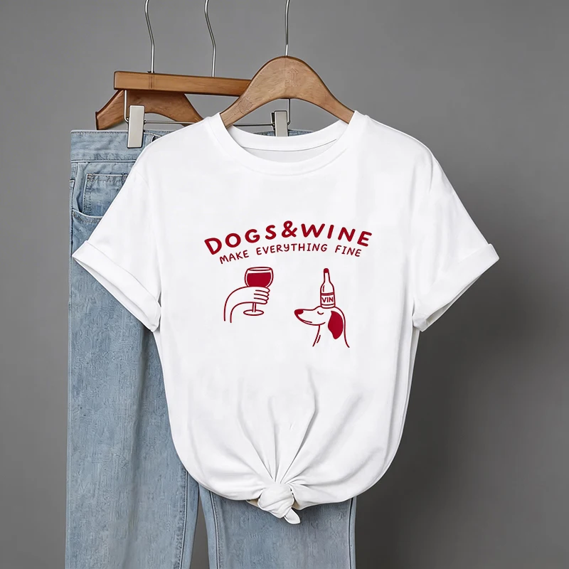 Damen Lustiges T-Shirt mit Trendigem Cartoon-Welpen und Rotwein-Muster Buchstabendruck 90er Jahre Lässiges Sommer-Kurzarm-T-Shirt Kleidung