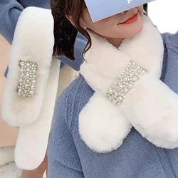 2023 New Rabbit Fur Scarf pearl Scarf for Women Winter Warm Soft Furry Scarves Casual Female Lady Outdoor Neck Warmer Collar