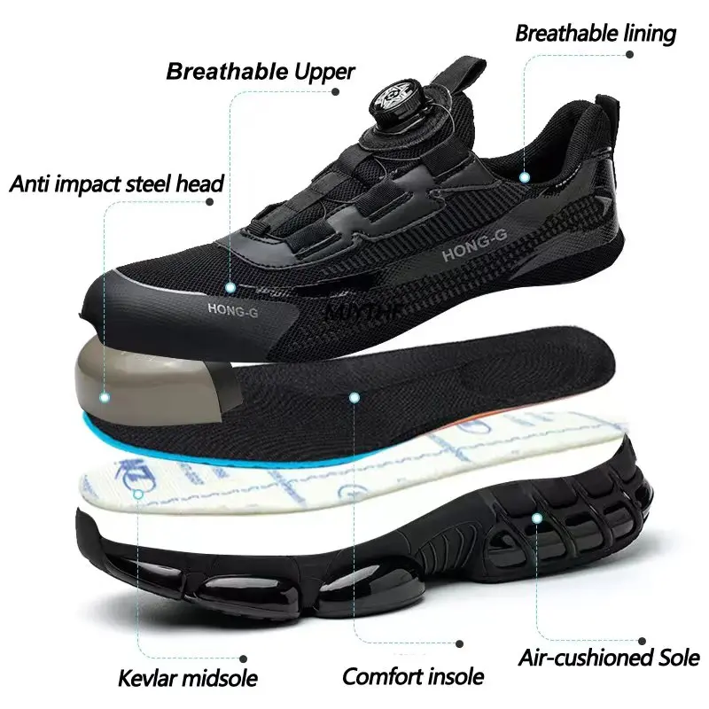 Modische Sicherheitsschuhe und Arbeitsschuhe mit drehbarem Knopfverschluss für Herren, stoßfest, durchtrittsicher, Bergbaustiefel, Herren-Sneaker, Sicherheitsarbeitsschuhe für Herren – Detail 5