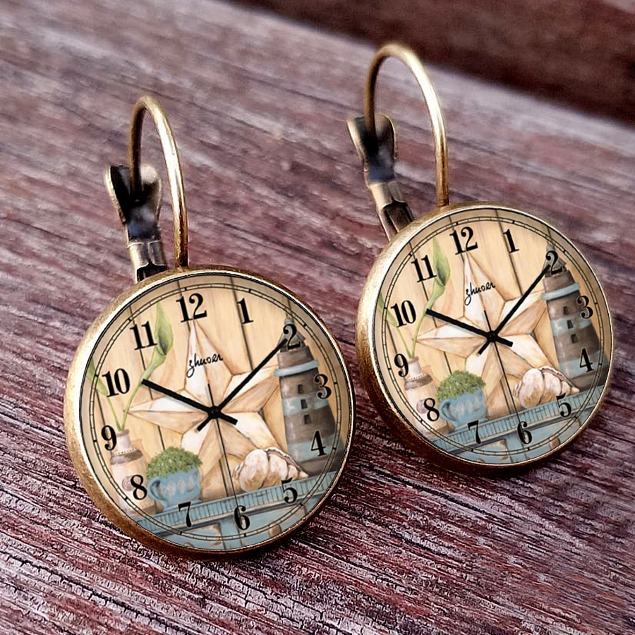 Retro Clock Pocket Watch Pattern Earrings Clock Photo Glass Cabochon Women\'s Earrings Jewelry Creative French Pendant Earrings