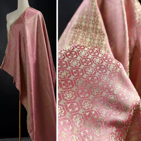 Chinese Style Hanging Green Glossy Pink Small Grid Silk Cotton Jacquard Fabric Hanfu Qipao Ancient Costume Fabric
