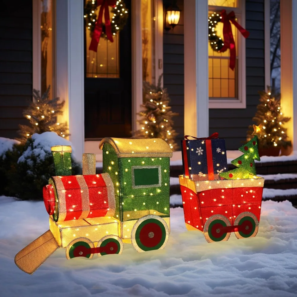 

5FT Light-Up Train Set with Christmas Tree and Gift Box, 3D Pre-Lit Christmas Train with 170 LED Lights for Decoration