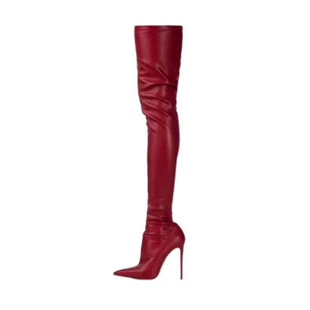 Stivali da donna sopra il ginocchio in pelle elasticizzata con tacco alto Sexy rosso vino stivali lunghi con punta a punta stivali lunghi Slip-On