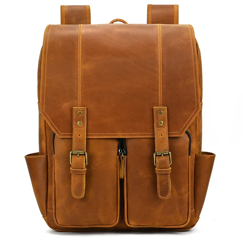 Retro flip backpack men's leather large capacity backpack first layer cowhide outdoor leisure travel bag