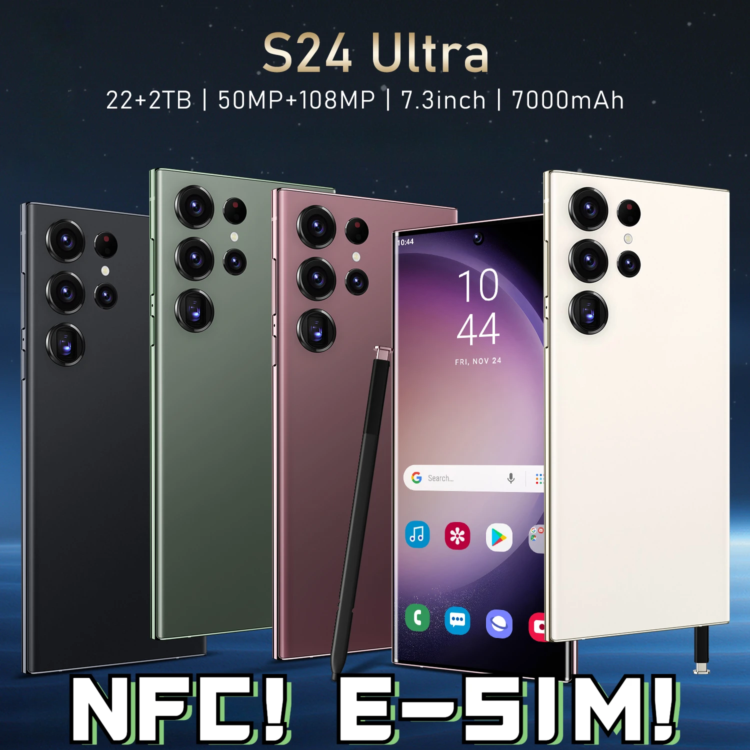 

ZNR 2024 Original S24 Ultra 7.3-inch Smartphone 22GB+2TB Phone Dual Sim Celulares Android 13 Face Unlock 7000mAh E-SIM NFC OTG