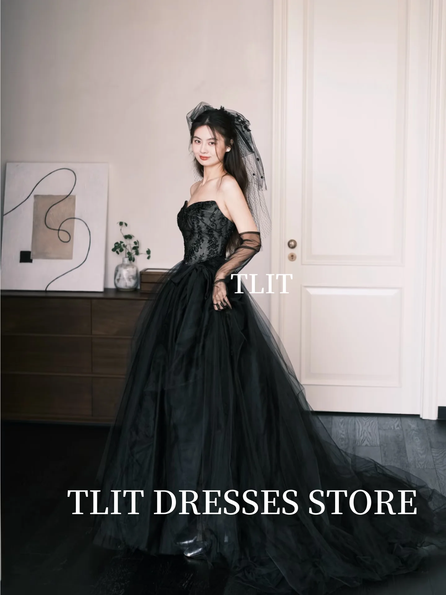 Tlit simples preto tule vestidos de noite personalizado coreia vestido de casamento sessão de fotos querida preto tule luvas alta divisão vestido