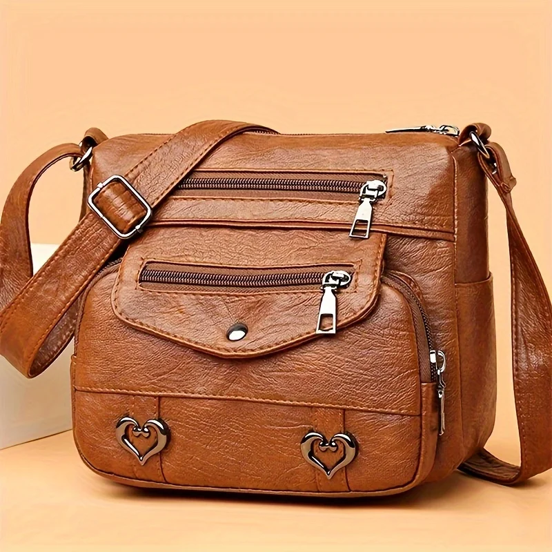 

Womens Vintage PU Leather Boston Bag With Heart Charms, Large Capacity Satchel Purse, Travel Crossbody Shoulder Bag Treat bags