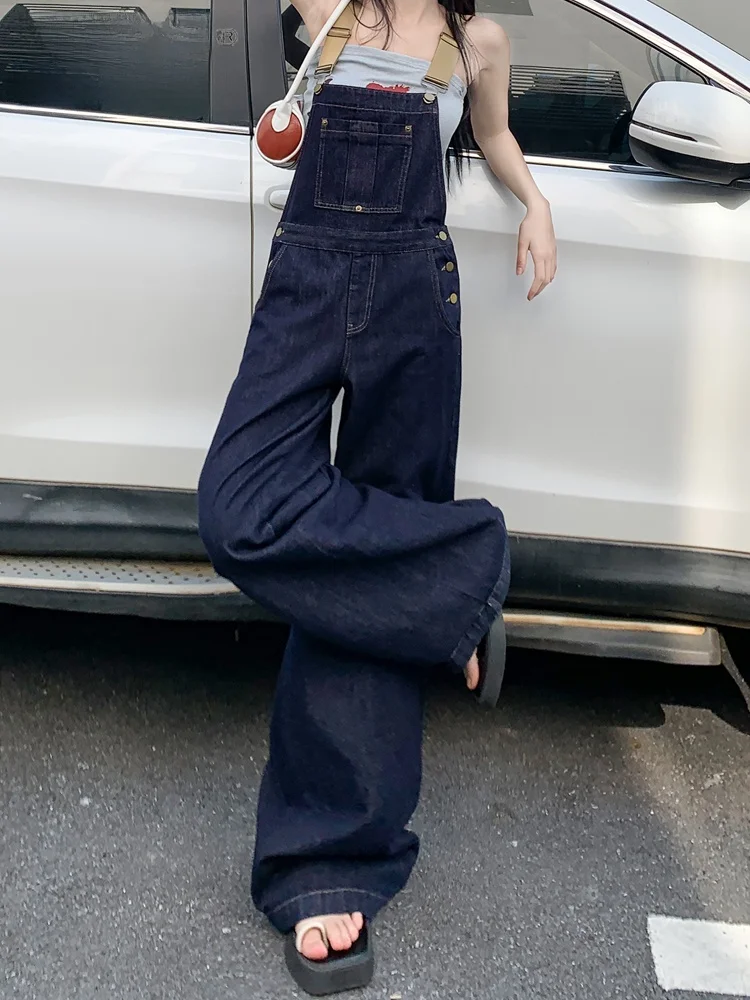 Damskie ogrodniczki jeansowe z szerokimi nogawkami, przeciwstarzeniowe, w kolorze głębokiego błękitu, luźny krój, jesień, moda, wysoki stan, błękitne szelki, długość do podłogi, jednoczęściowe.