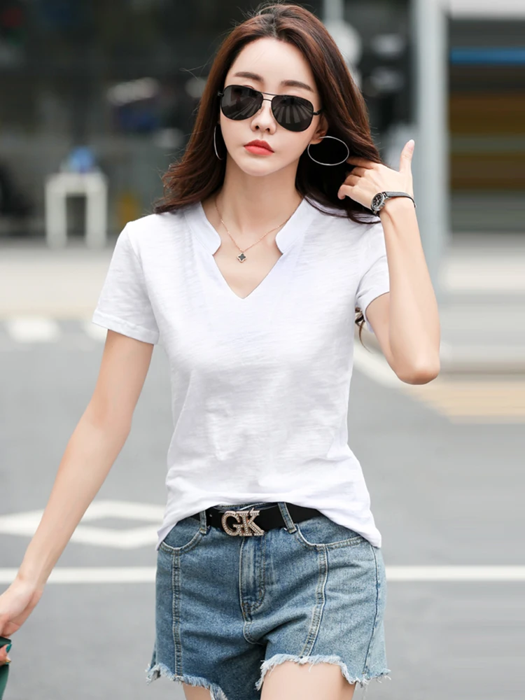 2026 Sommer Bambus-Baumwoll-T-Shirt für Damen, V-Ausschnitt, Weiche T-Shirts, Klassische Mode, Größen S-3XL, Damen-Oberteile – Detail 7