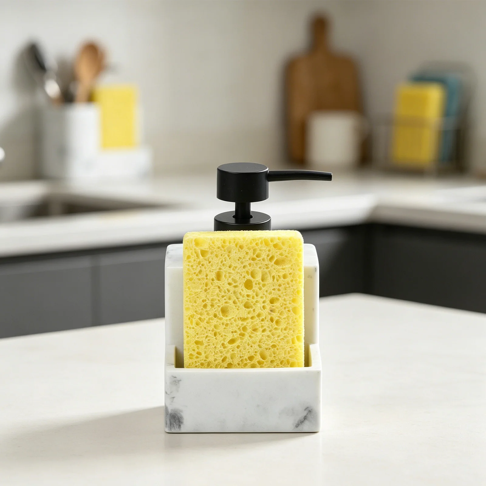 Resin Soap Dispenser Set in Marble Finish with Large Capacity and Sponge Holder for Practical Kitchen and Bathroom Setup