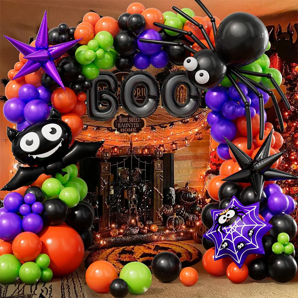 Halloween Party Theme Balloon Set Black Orange Green Purple Latex Balloon Balloon Chain Spider Bat Arch Set Party Decoration