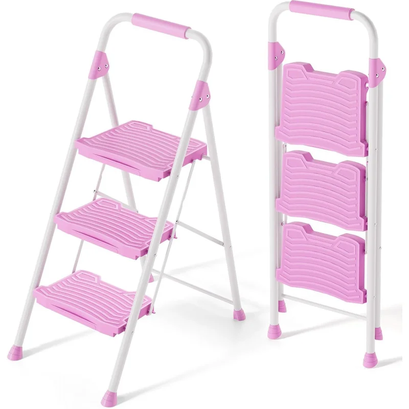 3 Step Ladder, Sturdy Step Stool with Handrail, Anti-Slip Wide Pedals, 900lbs Foldable Step Stool for Home, Garage, Garden