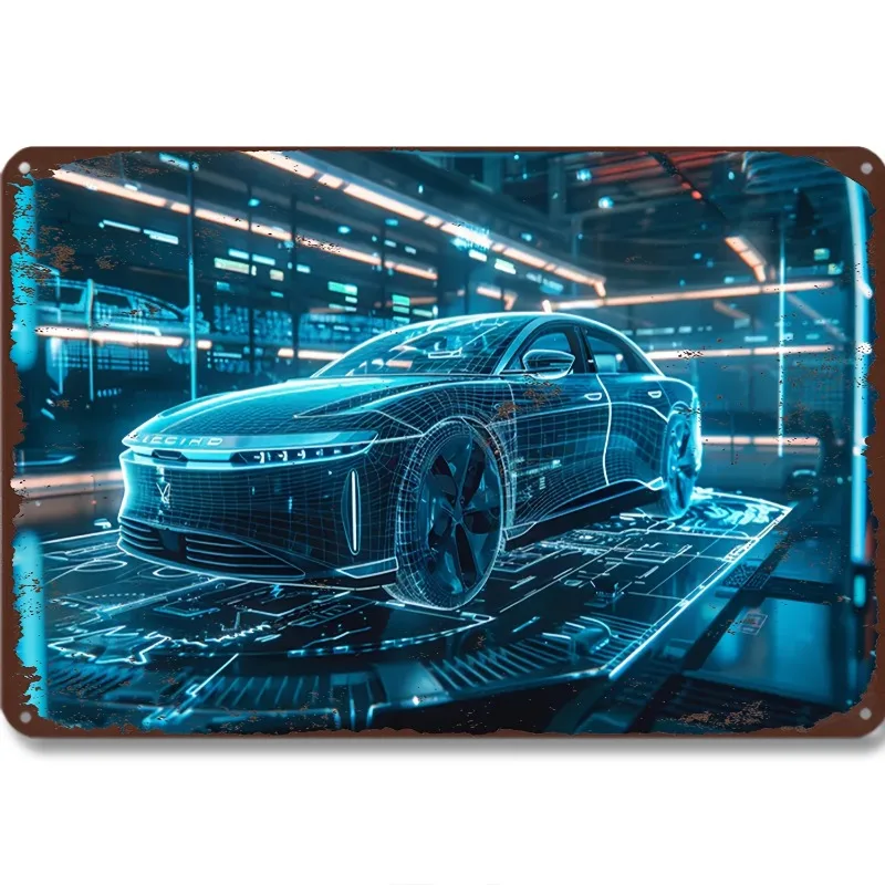 Decorative Metal Plaque: Intricate Depiction of A Virtual Car in A Tech Scene, Ideal for Interior Wall Decoration, 7.9x11.8