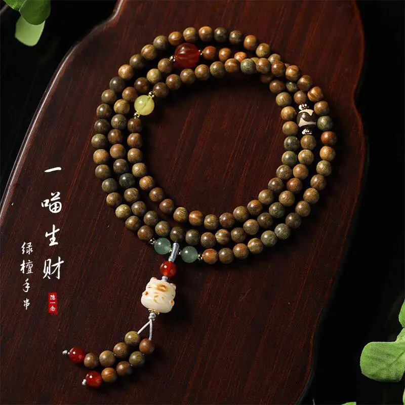 Lucky Green Sandalwood Multi Wrap Bracelet with Charred Bodhi Beads Unique Handcrafted Jewelry Gifts
