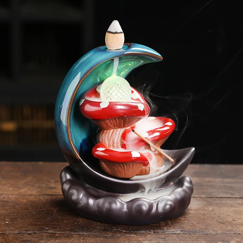 Ceramic Handicrafts Led Mushroom Moon Type Backflow Incense Stick Holder Censer Home Ornament