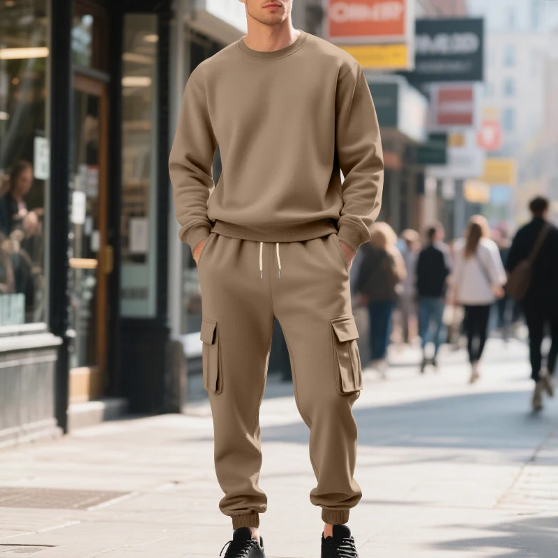 Conjunto de Dos Piezas con Forro Polar para Hombre: Sudadera de Cuello Redondo y Pantalones de Trabajo, Ropa Deportiva Informal de Invierno