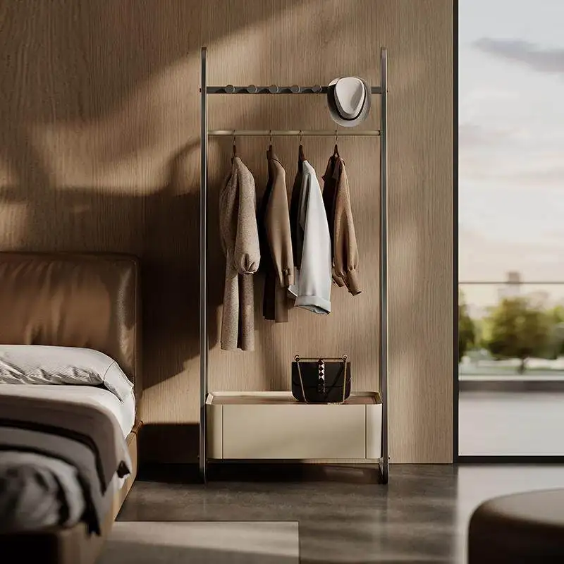 High-end Custom Minimalist Integrated Hanger Leather Veneer Storage Vertical Drying Rack