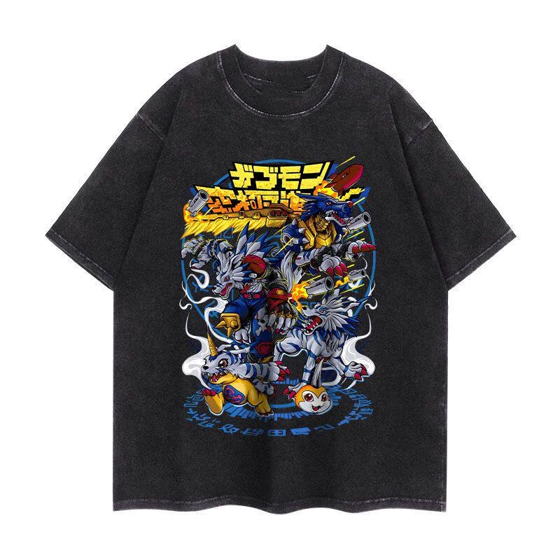Pop Anime Digimon American Street Washable Short-sleeved T-shirts for Men and Women Cartoon Round-neck Loose Retro Couple Tops