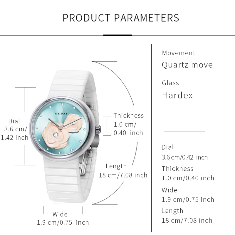 OUPAI женские часы с цветком камелии, белые керамические часы со шкалой со стразами, женские модные и элегантные кварцевые часы, водонепроницаемые