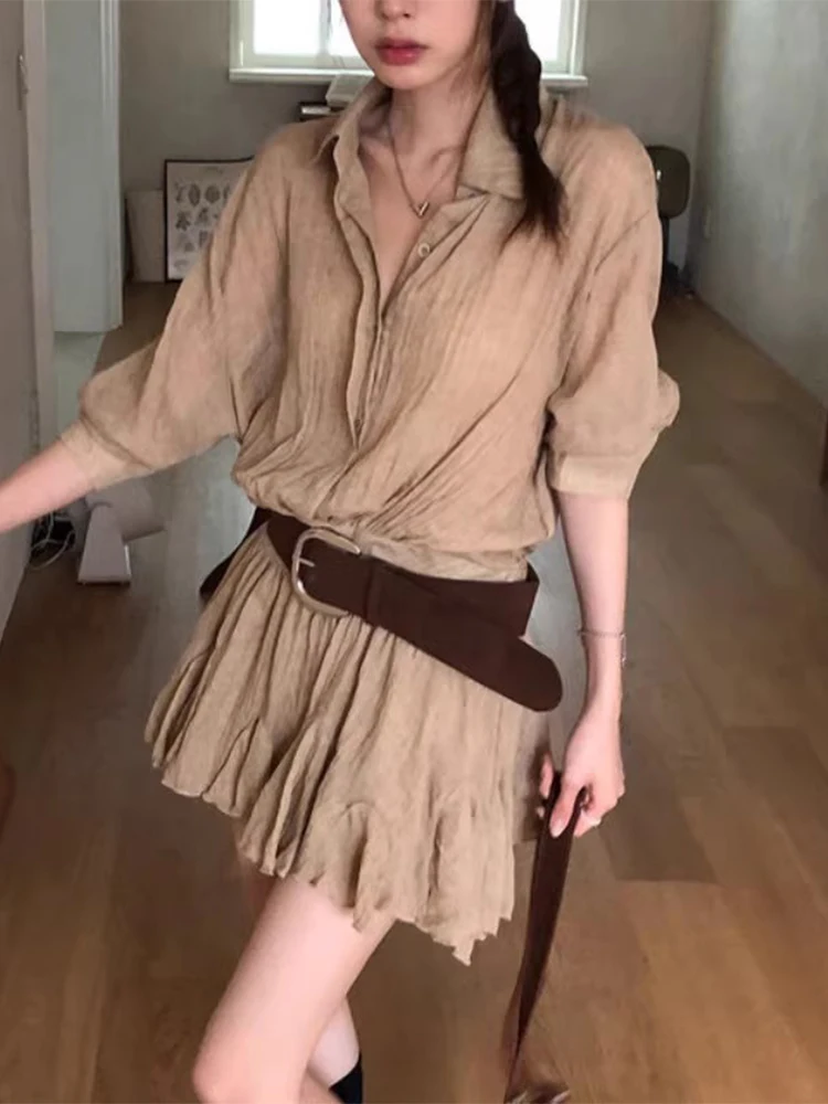 Clothland Women Sweet Solid Shirt Dress Belt Half Sleeve One Piece A Line Preppy Style Cute Fashion Mini Dresses QE208