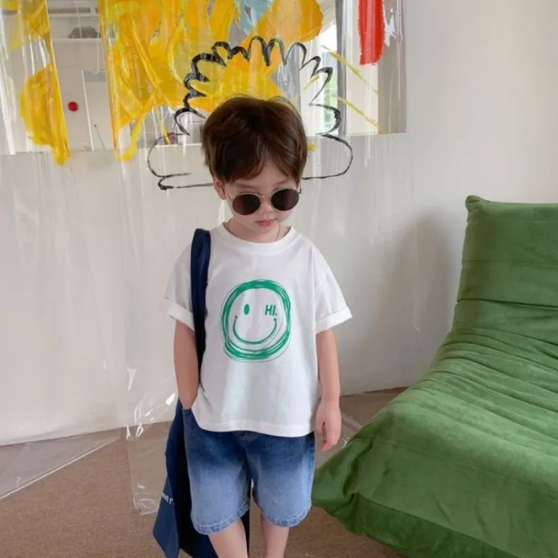 100% Cotton Kids Unisex Round Neck T-Shirt 2026 Summer New Arrival with Cute Smiley Face Print