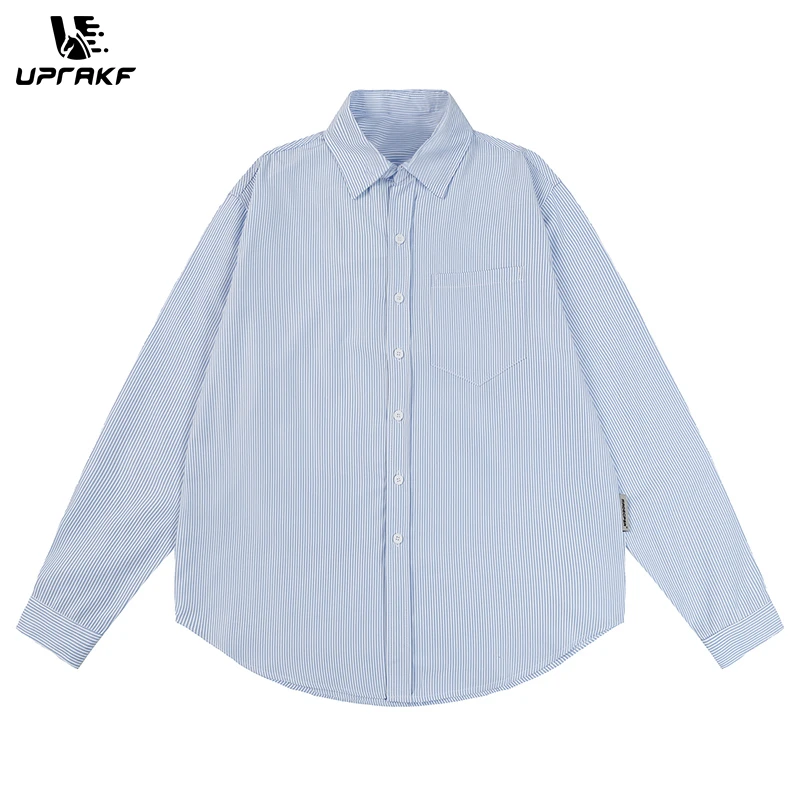 UPRAKF Shirts Collar Casual Ins Streetwear Autumn Long Sleeve Oversize Button Up Tops Korean Style Outwear Blue