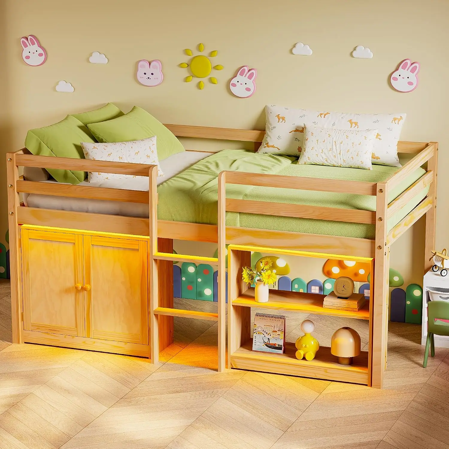 Low Loft Bed Twin Wood With Storage Cabinet Shelf LED Lights 14