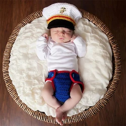 Newborn Photography Outfit Baby Police Uniform US Marine Corps Costume Boy Photo Clothing Baby Suit Newborn Photo Knitted Hat