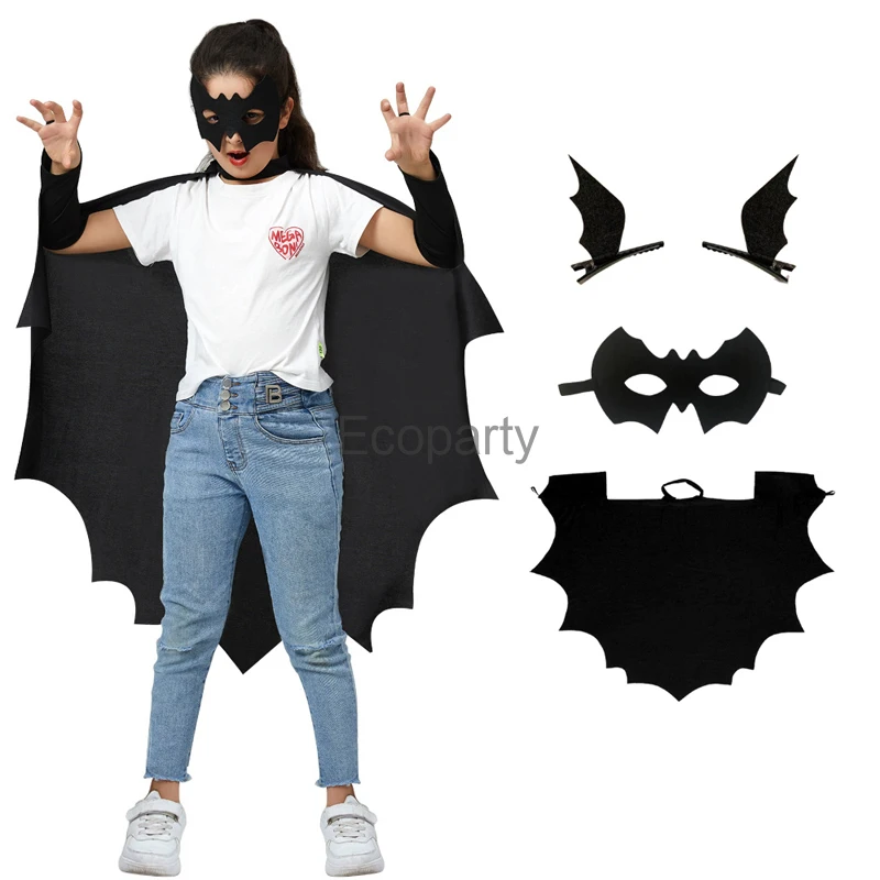 

New Kids Halloween Bat Costume Boys Girls Black Bat Vampire Cape With Mask Suit Masquerade Purim Party Outfits For Children