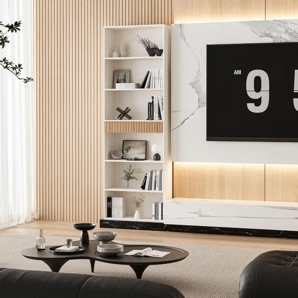 72" Tall Bookshelf with Storage, 7-Tier Bookcase Fluted with Drawer, Display Book Shelf Book Organizer with Anti-tip Device