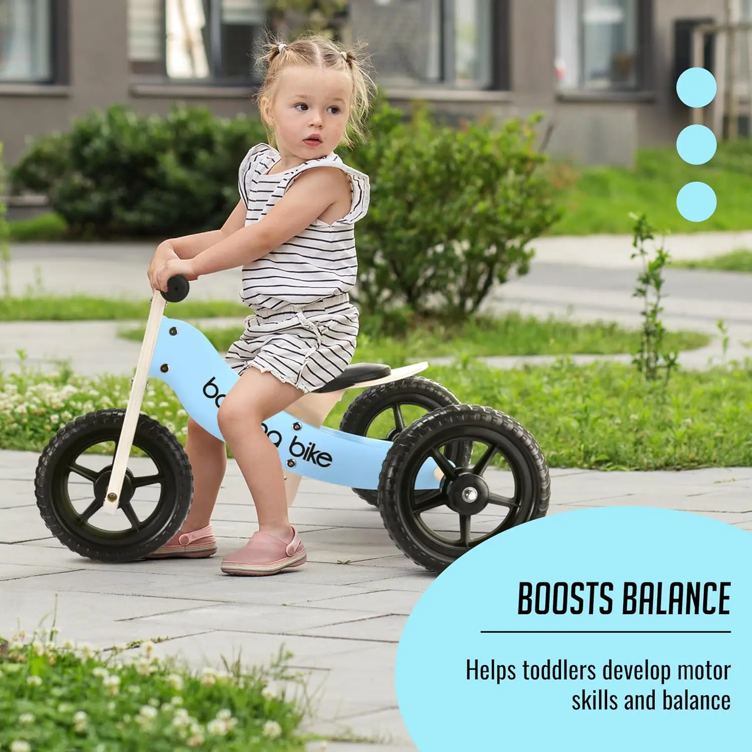 Rowerek biegowy drewniany dla malucha - Bez pedałów - Trójkołowy - Opony odporne na przebicia - Ergonomiczny i wytrzymały - Gładkie uchwyty - Poprawia